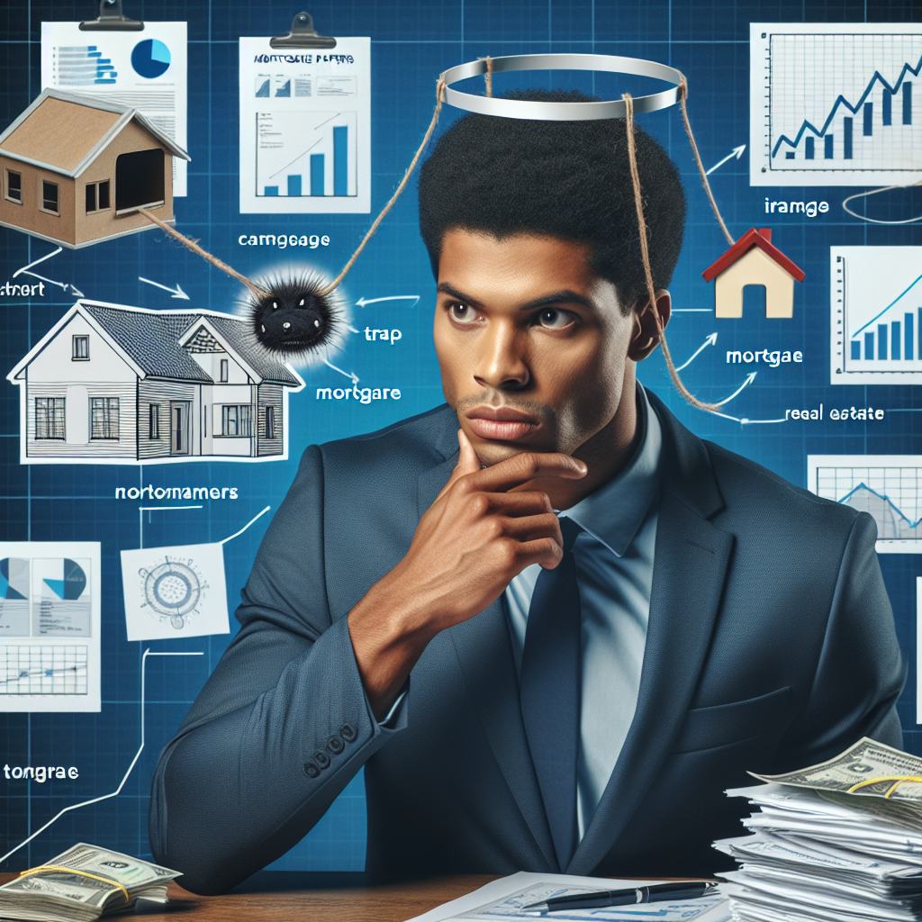 Un entrepreneur caribéen masculin concentré sur un plan de propriété, entouré d'indicateurs immobiliers, de documents hypothécaires et de graphiques de propriété. L'un des graphiques révèle un grand piège caché parmi les statistiques, illustrant les défis auxquels sont confrontés les entrepreneurs caribéens. L'homme, d'ascendance caribéenne, porte une tenue professionnelle d'entrepreneur.