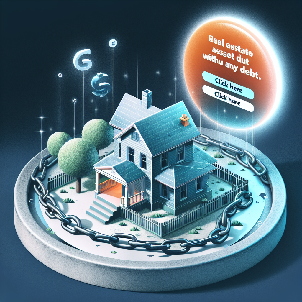 Image illustrative pour un article de blog sur le thème de l'immobilier. Au centre, une propriété bien entretenue, sans occupants, symbolisant un 'actif immobilier sans dette'. Autour de la propriété, une chaîne représente les 'opportunités non explorées par peur'. En arrière-plan, un bouton lumineux et accueillant portant l'inscription 'Cliquez ici' invite à l'action. L'ambiance globale de l'image est engageante et informative, visant à établir un lien avec ceux qui hésitent à exploiter leurs actifs immobiliers sans recourir au crédit.
