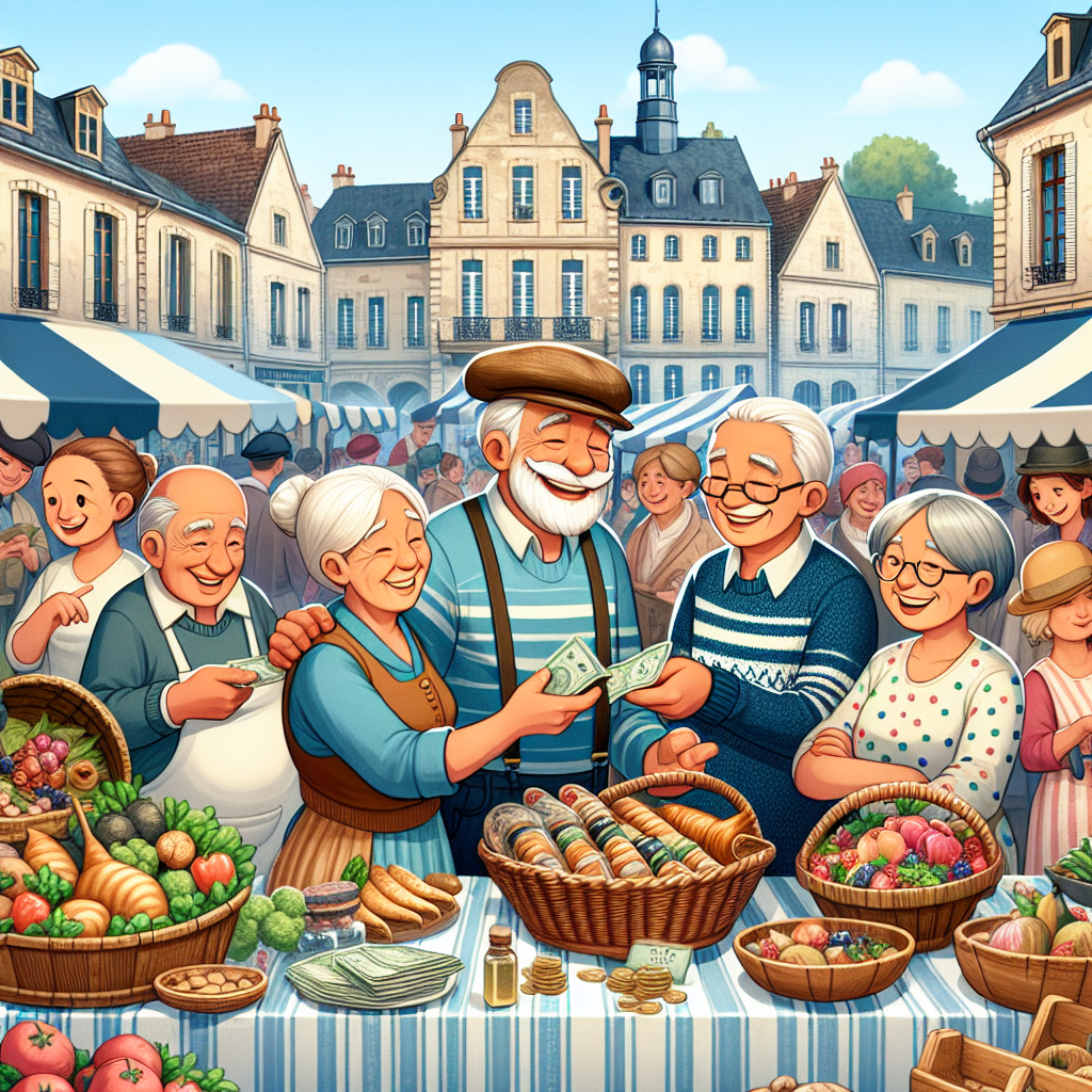 Dans un marché local vivant, un couple âgé, reflétant un héritage français diversifié, tient un stand débordant d'objets faits maison empreints de tradition locale. Ils partagent des sourires chaleureux et échangent de l'argent avec une clientèle variée, illustrant l'aspect transactionnel de la scène. En arrière-plan, des bâtiments patrimoniaux divers esquissent le thème de l'immobilier. Un détail met en avant le savoir-faire des grands-parents : ils négocient habilement les prix avec les clients, capturant l'esprit des économies locales résilientes.