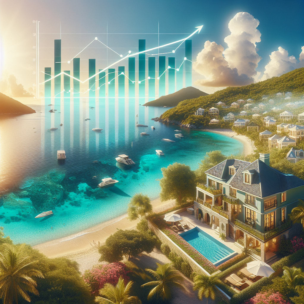 Image d'un paysage idyllique des Caraïbes montrant des eaux cristallines, une végétation luxuriante et des plages immaculées. Au premier plan, une propriété luxueuse en bord de plage symbolise le potentiel d'investissement lucratif. Derrière, une courbe de croissance montante est superposée sur un ciel ensoleillé des Caraïbes, suggérant d'importantes opportunités de rendement croissant.